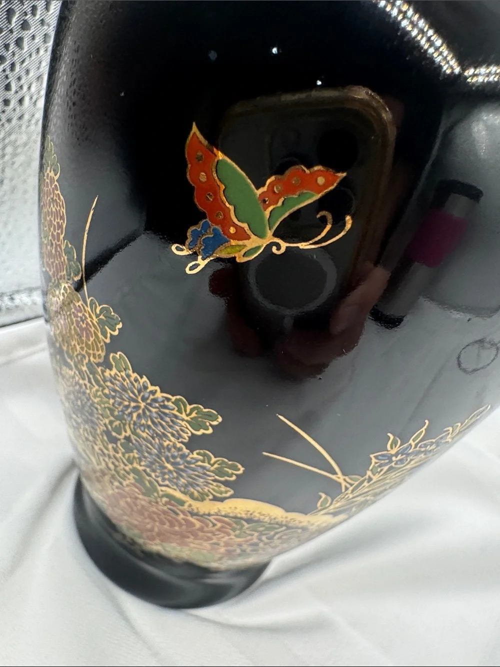 Japanese Black Ceramic Fine Art Vase featuring detailed multi-color floral VTG